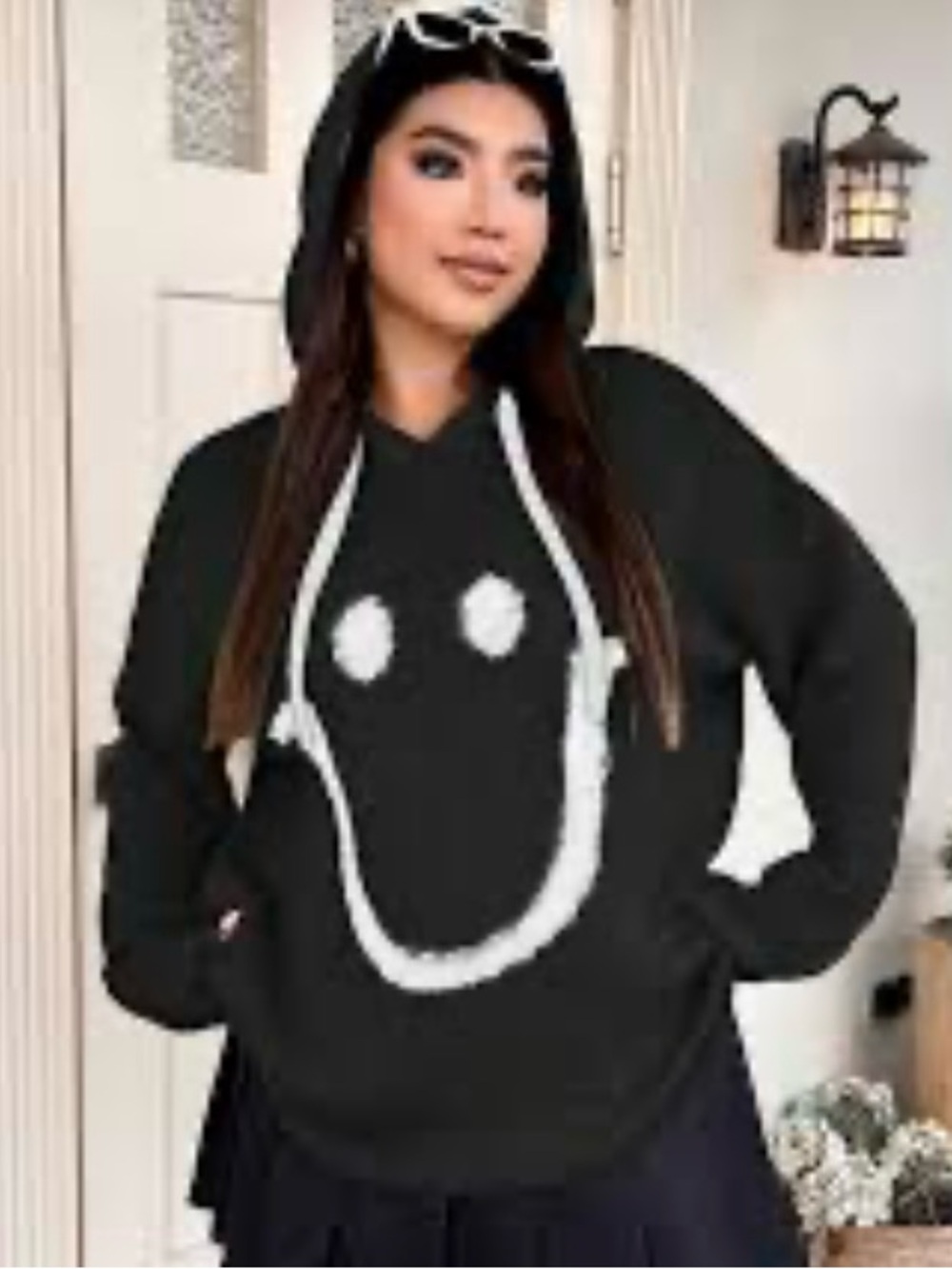 Women's Black Hoodie with White Smiley Graphic - Casual Pullover